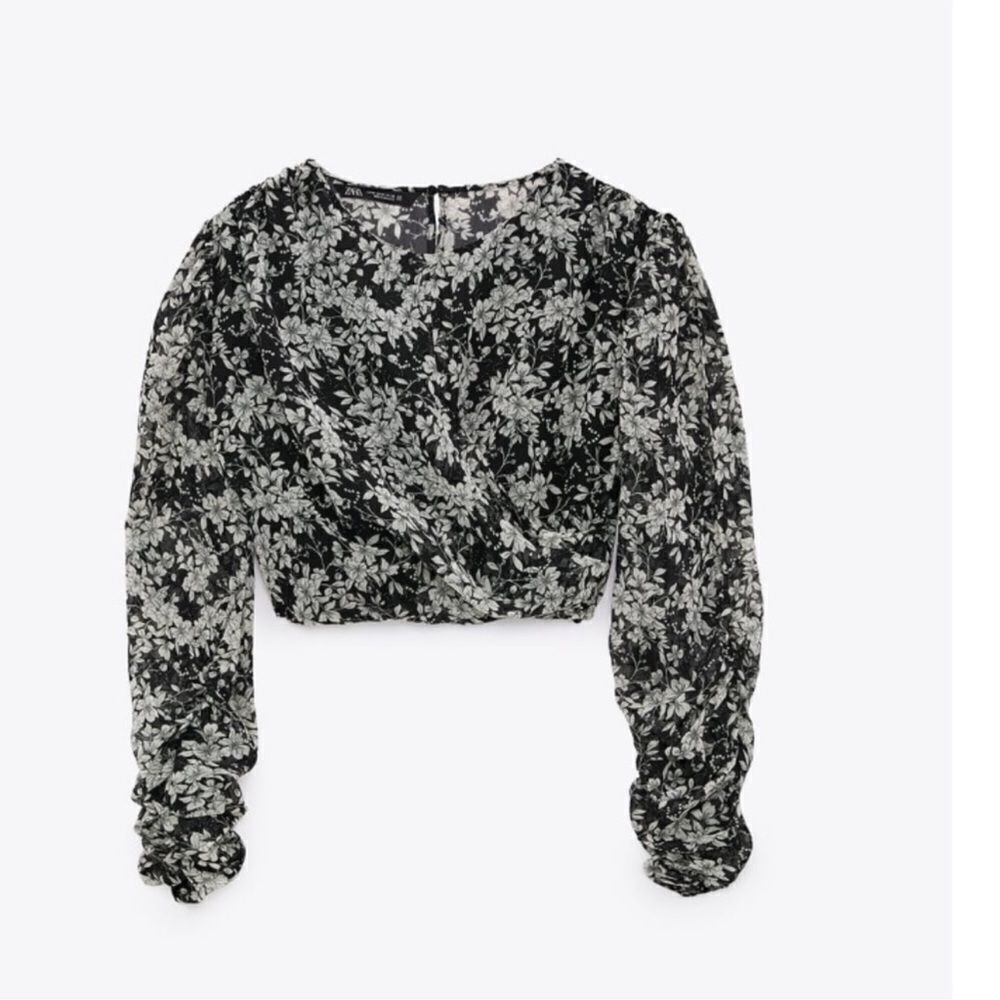 Zara black printed crop top with ruched sleeves